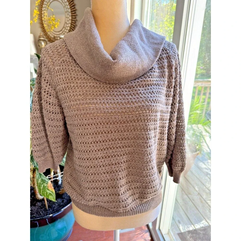 New York & Co Shimmery Cowl Sweater Sz L Open Knit Gold Thread Special Party - Picture 5 of 11